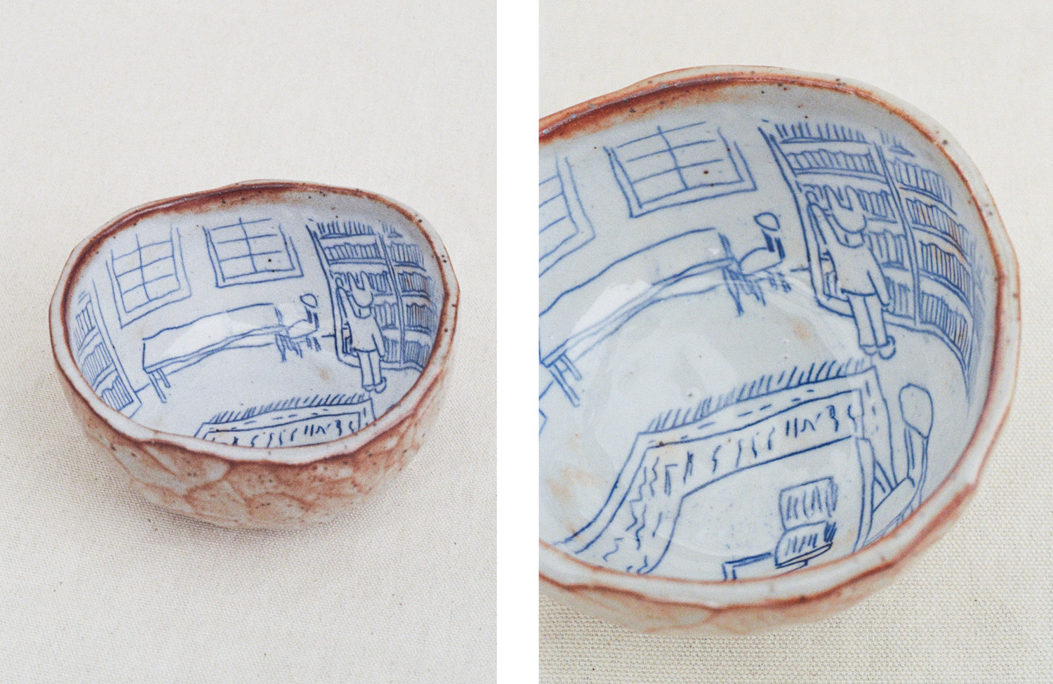 Two film photos of illustrated pottery